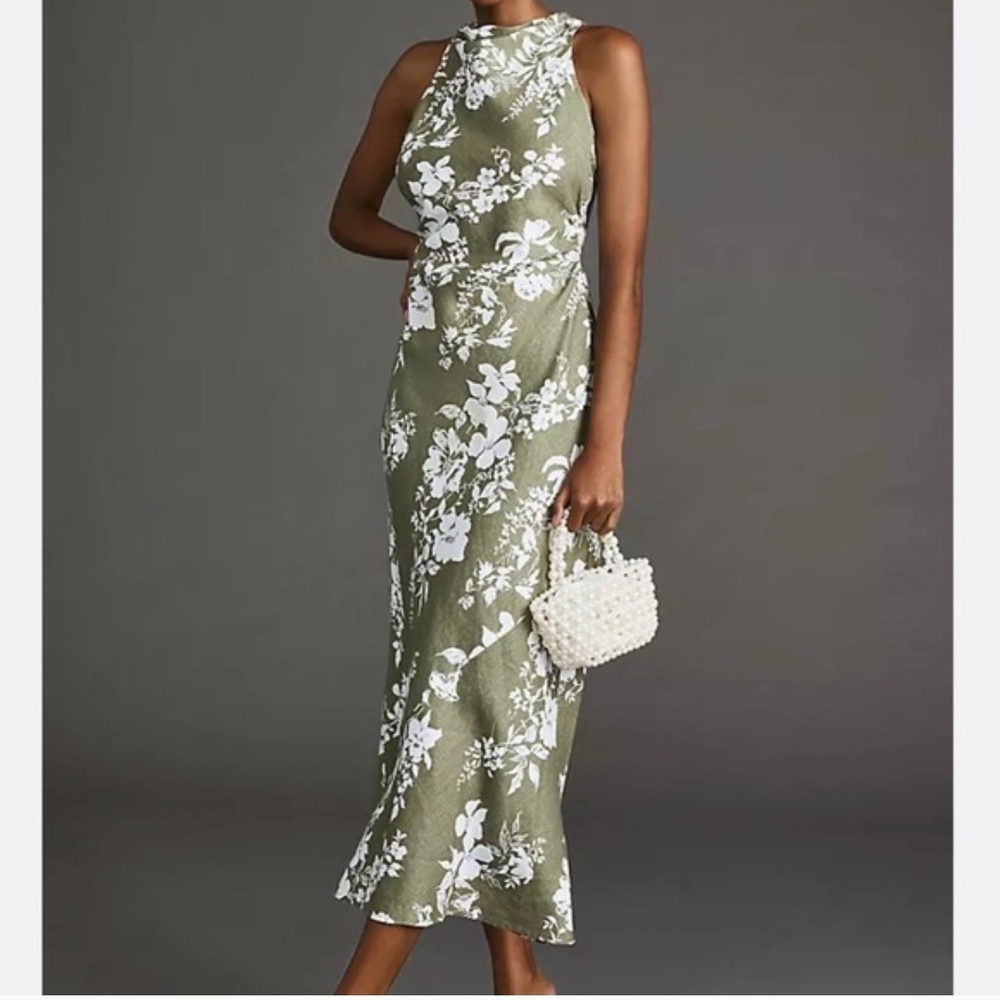 Reformation Olive Green & White Floral High-Neck Midi Dress
